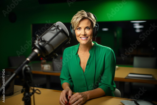 Cheerful smiling female blogger hosting a podcast in the studio. Caucasian woman wearing headphones uses laptop, microphone and studio equipment to record live stream for the channel and subscribers.