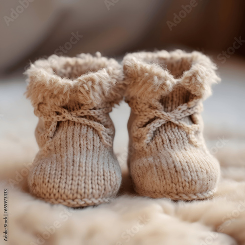 Photo of a baby's tiny feet in adorable booties, taken with a macro lens Generative AI