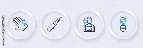 Set line LED light bulb, Electrician, Soldering iron and glove icon. Vector