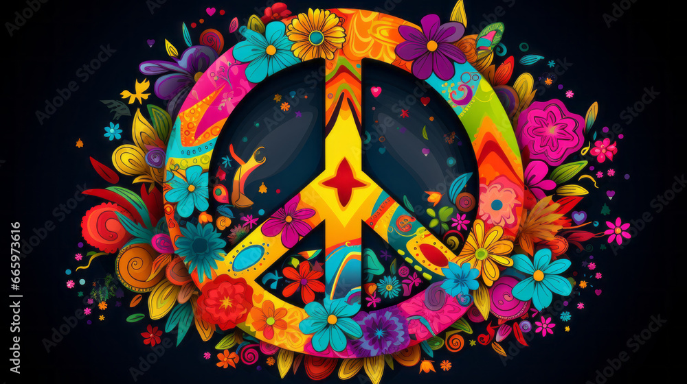 Peace sign with colorful flower and nature details, generated with ai