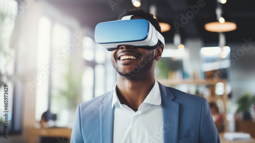 Closeup of bearded young man wearing virtual reality goggles in modern coworking studio. Smartphone using with VR headset. Horizontal, blurred. © kimly