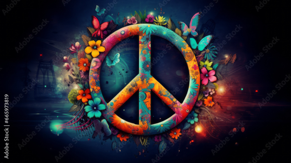 Peace sign with colorful flower and nature details, generated with ai