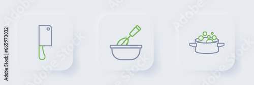 Set line Cooking pot, whisk with bowl and Meat chopper icon. Vector