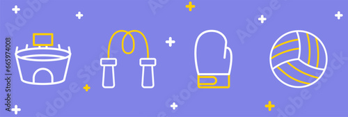 Set line Volleyball ball, Boxing glove, Jump rope and Stadium icon. Vector