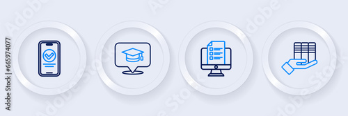 Set line Book donation, Online quiz, test, survey, Graduation cap speech bubble and icon. Vector