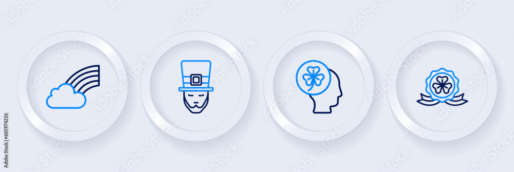 Set line Medal with clover, Head trefoil leaf, Leprechaun and Rainbow cloud icon. Vector Set line Medal with clover, Head trefoil leaf, Leprechaun and Rainbow cloud icon. Vector