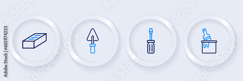 Set line Paint bucket with brush, Screwdriver, Trowel and Brick icon. Vector