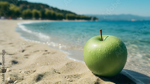 fresh green apple fruit on the beach sand background