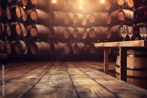 Blurry wine cellar backdrop, wooden table foreground. Generative AI