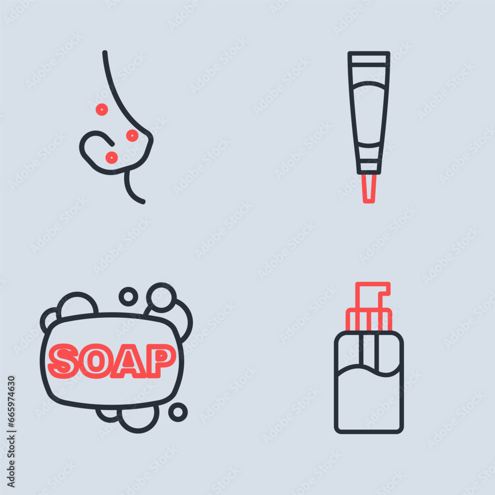 Set line Cream or lotion cosmetic tube, Bar of soap, Bottle liquid and Acne icon. Vector