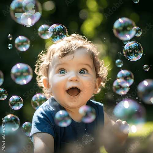 Photo of a baby's wide-eyed wonder as they discover bubbles, captured with a fast prime lens Generative AI