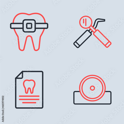 Set line Dental mirror and probe, Clipboard with dental card, Otolaryngological head reflector and Teeth braces icon. Vector