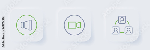 Set line Meeting, Video chat conference and Speaker volume icon. Vector