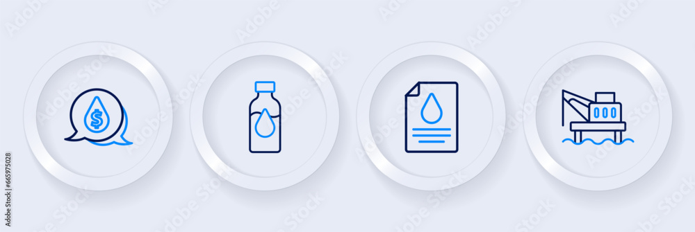 Set line Oil platform in the sea, Contract money and pen, petrol test tube and drop with dollar symbol icon. Vector Set line Oil platform in the sea, Contract money and pen, petrol test tube and drop with dollar symbol icon. Vector