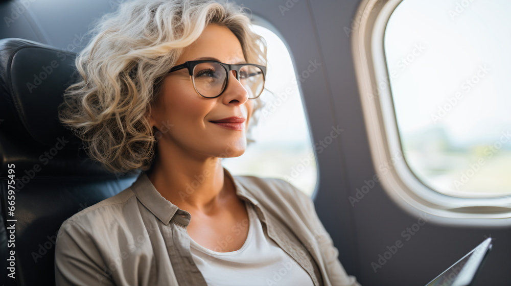 White Female Businesswoman in Her 30s Working on an Airplane White Female Businesswoman in Her 30s Working on an Airplane