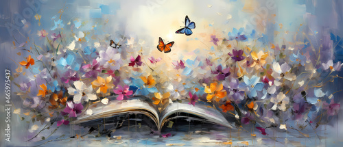 open book, flowers and butterflies are emerging, beautiful vibrant scenery, texture painting with oil brush stroke, palette knife paint on canvas