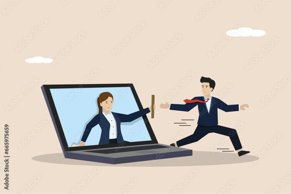 Obraz premium Business handing over the baton, handing over work or teamwork to win business concept, coworkers coming out from inside laptop handing over the baton to achieve success together.