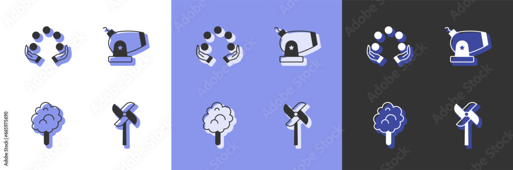 Set Pinwheel toy, Juggling ball, Cotton candy and Cannon icon. Vector