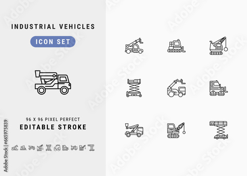 Industrial Vehicles Includes Tele Handler, Snowcat, Cherry Picker, Wrecking Ball and Scissor Lift. Line Icons Set. Editable Stroke Vector Stock. 96 x 96 Pixel Perfect.