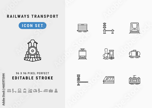 Railways Transport Includes Railcar, Level Crossing, Light Rail, Tram and Locomotive. Line Icons Set. Editable Stroke Vector Stock. 96 x 96 Pixel Perfect.