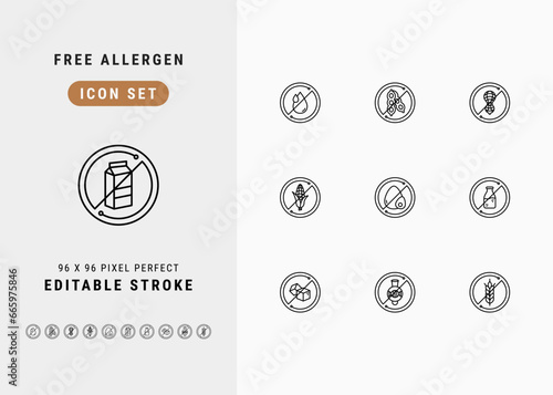 Free Allergen Food Includes Non Transfat, Soy, Nut, Corn, Egg, Dairy, Lactose, Sugar, GMO and Gluten. Line Icons Set. Editable Stroke Vector Stock. 96 x 96 Pixel Perfect.