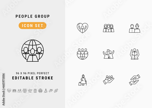 People Group Includes Mankind, Multicultural, Senior, Population and Humanitarian. Line Icons Set. Editable Stroke Vector Stock. 96 x 96 Pixel Perfect.