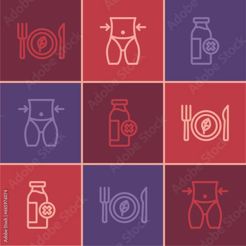 Set line Vegan food diet, Lactose intolerance and Women waist icon. Vector
