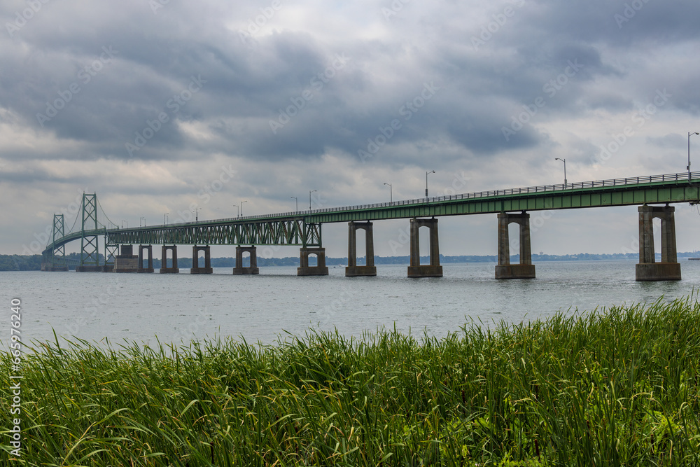 Seaway Skyway Bridge as seen from Johnstown, Ontario, Canada. The bridge connects Canada and the United States
