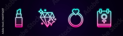 Set line Lipstick, Diamond, engagement ring and Calendar with 8 March. Glowing neon icon. Vector
