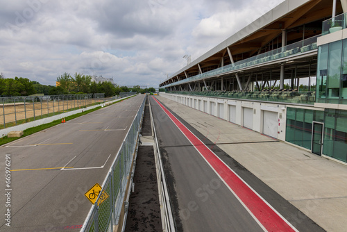 Elevated view of the pit lane and starting grid at the Gilles Villeneuve circuit, Montreal, Canada, from where they wave the chequered flag at the finish