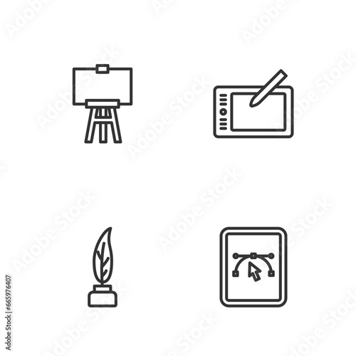 Set line Computer with design program, Feather and inkwell, Wood easel and Graphic tablet icon. Vector