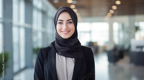 Beautiful young working woman in hijab, suit and eyeglasses standing in office, smiling. Portrait of confident muslim businesswoman. Modern office with big window, man working at desk on background. © kimly