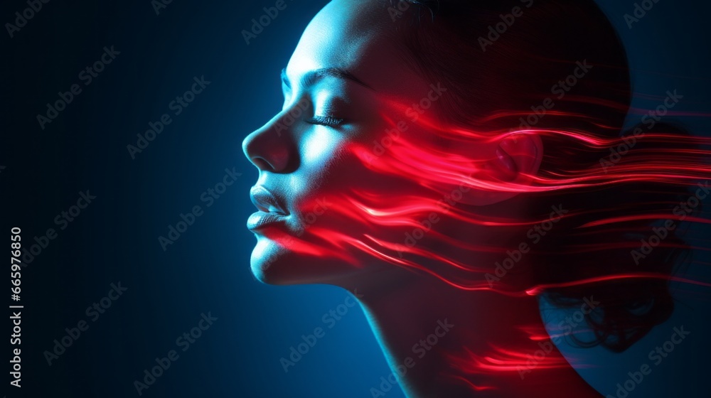 Woman with two colors of light in front of her face, in style of curves blurred red and blue color light. Beauty portrait closeup, long exposure