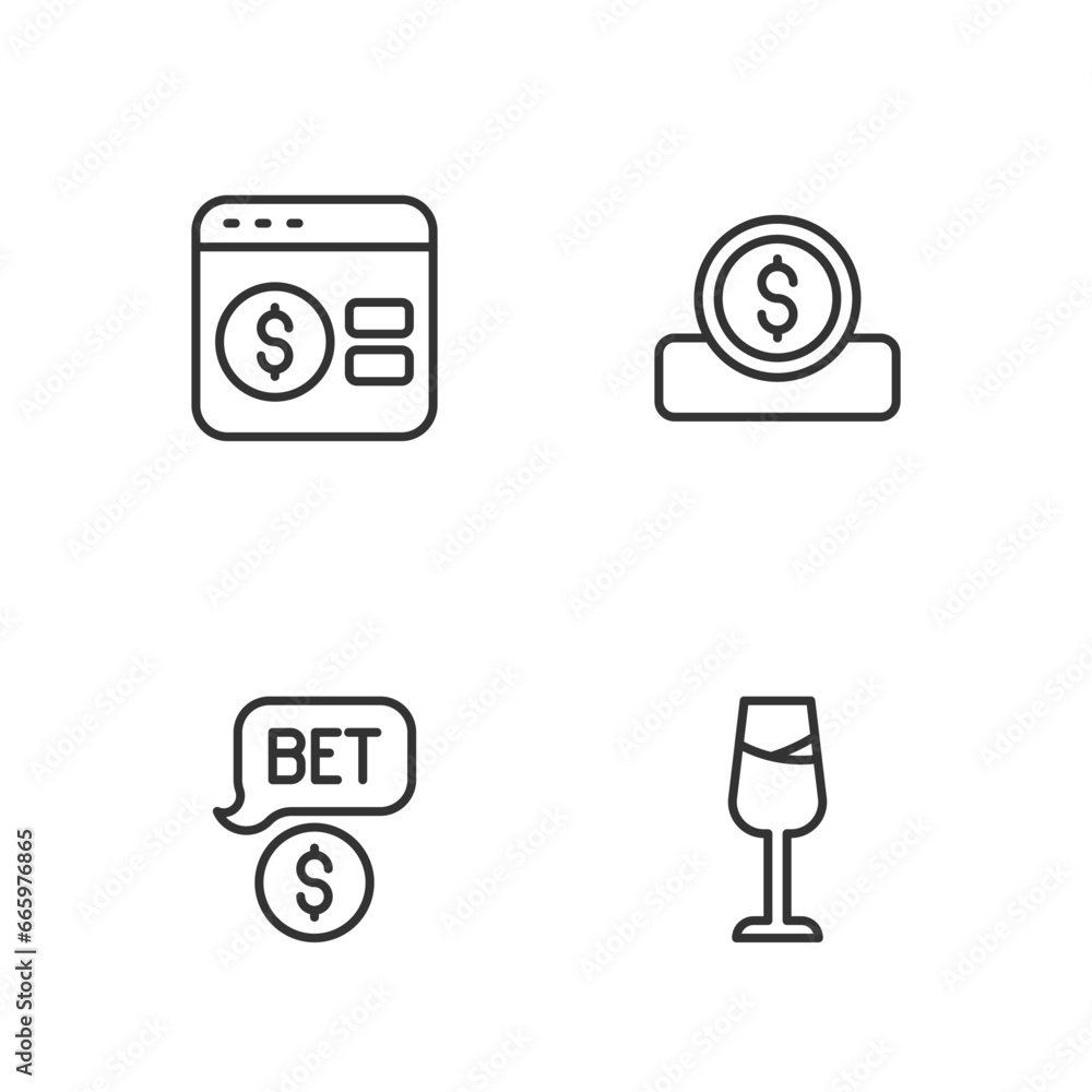 Set line Wine glass, Casino chip with dollar, Online poker table game and Coin money icon. Vector Set line Wine glass, Casino chip with dollar, Online poker table game and Coin money icon. Vector