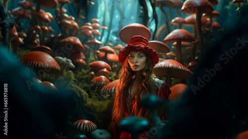 Alice in Wonderland, a fabulous forest of big mushrooms, a girl in a fairy tale. Mushrooms trees toadstools fly agarics photo