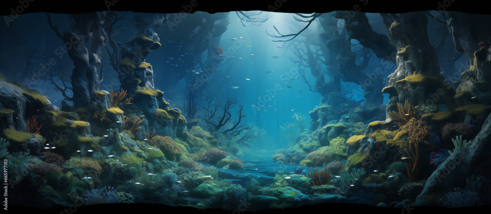Underwater ecosystem, fish, coral, sunlight
