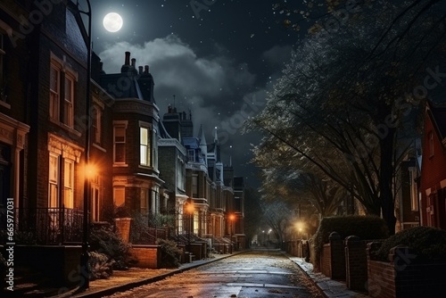 Nighttime scene of a historic London neighborhood. Generative AI