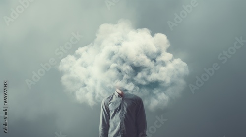 Man head in clouds, depression and fatigue at work. Man with cloud over his head depicting solitude and depression photo