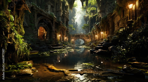 Underground city under lush jungle  connected by water channel. Ruins of an ancient civilization in tropics jungle