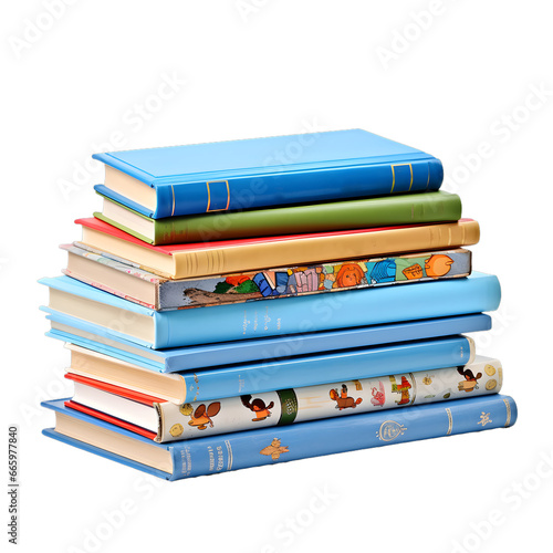 Stack of chilren books on transparent background. Children books element. Png books.