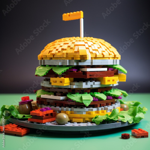 Hamburger made from Lego bricks on color background, plastic concept photo, junk food