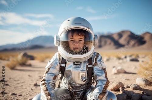 9 year old boy in astronaut costume explores desert © Victoria