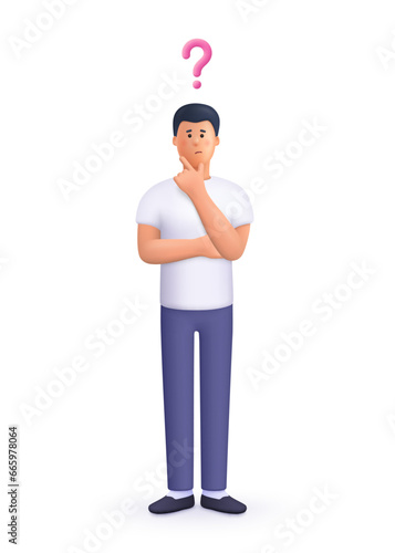 Confused man thinking pose with question mark. Choice, doubts and problem solving concept. 3d vector people character illustration. Cartoon minimal style.