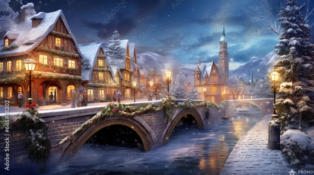 A traditional wooden bridge, elegantly adorned with cascading Christmas lights, spanning a frozen river in a charming town.