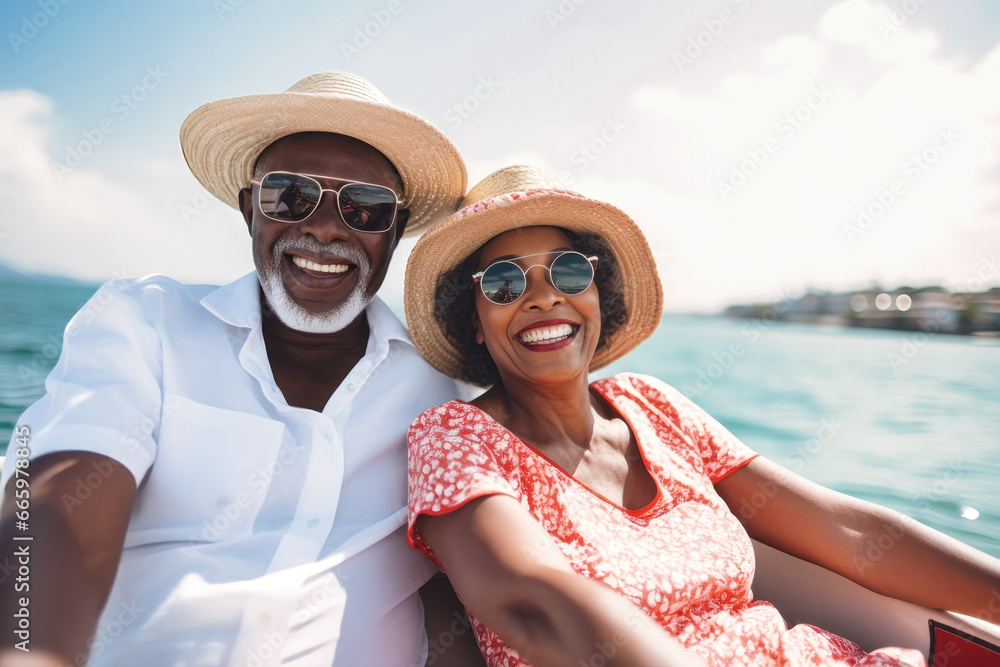 An elderly black couple sits in a boat or yacht against the backdrop of the sea. Happy and smiling people. A trip on a sailing yacht. Sea voyage, active recreation. Love and romance of older people.