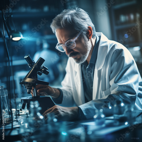 Scientist in a White Lab Coat Conducting Research with a Microscope in the Laboratory, Advancing the Frontier of Science