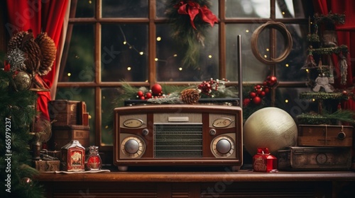 A vintage radio playing classic holiday tunes, surrounded by nostalgic Christmas decorations from years gone by.