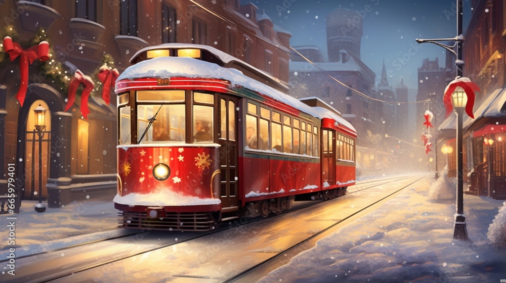 A vintage streetcar adorned with bright Christmas lights, traveling through a wintry city, spreading holiday cheer.