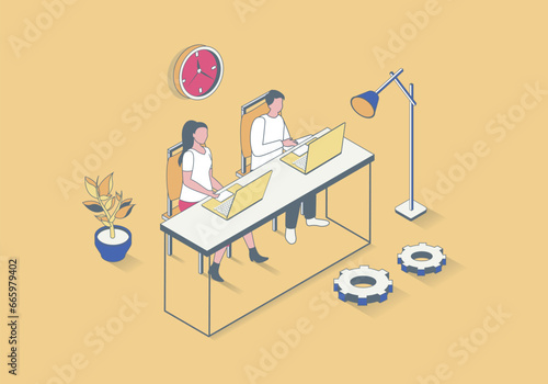 Coworking space concept in 3d isometric design. Colleagues work with laptops in open office together, collaborating in team at project. Vector illustration with isometry people scene for web graphic