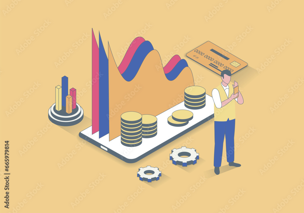 Finance concept in 3d isometric design. Man doing financial accounting ...